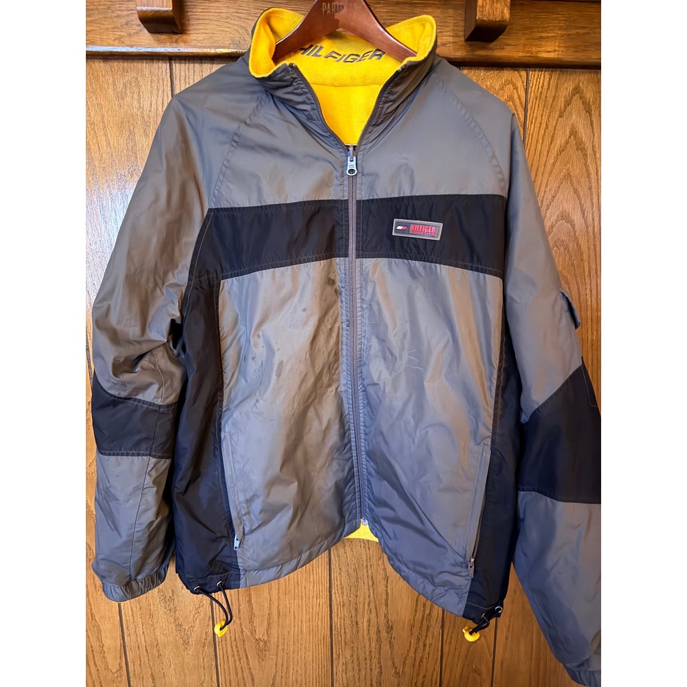 Tommy Hilfiger Athletics Reversible Jacket Mens Grey Yellow Fleece Nylon Zip Up